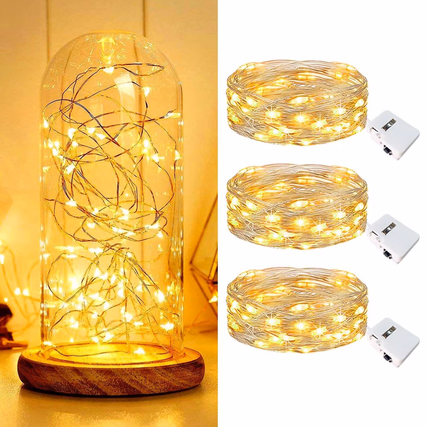Set di 3 catene luminose a LED, lunghezza 2 metri, 20 LED, luce bianco caldo, alimentazione a batteria
