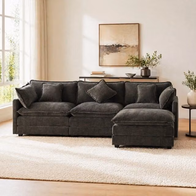Divano 3 posti in ciniglia con pouf mobile e chaise longue a L componibile; grigio scuro