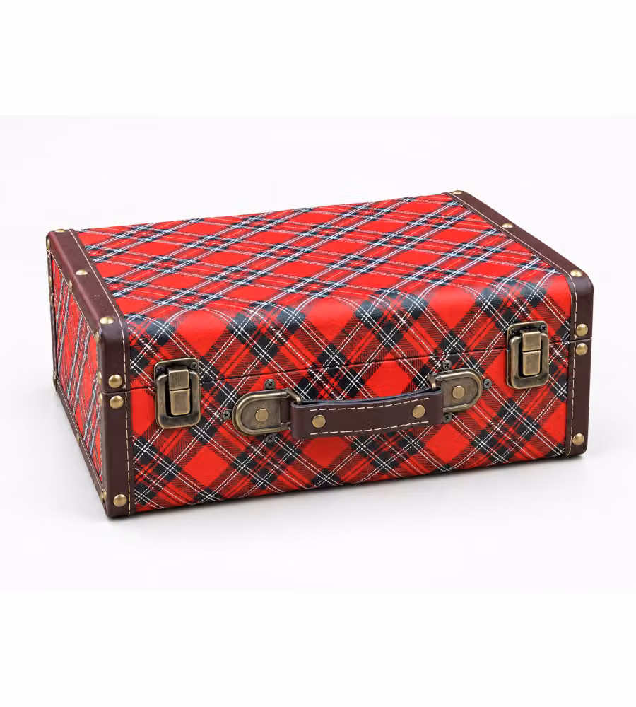 Valigetta tartan rossa 30x20x9 cm in MDF con manico e coperchio