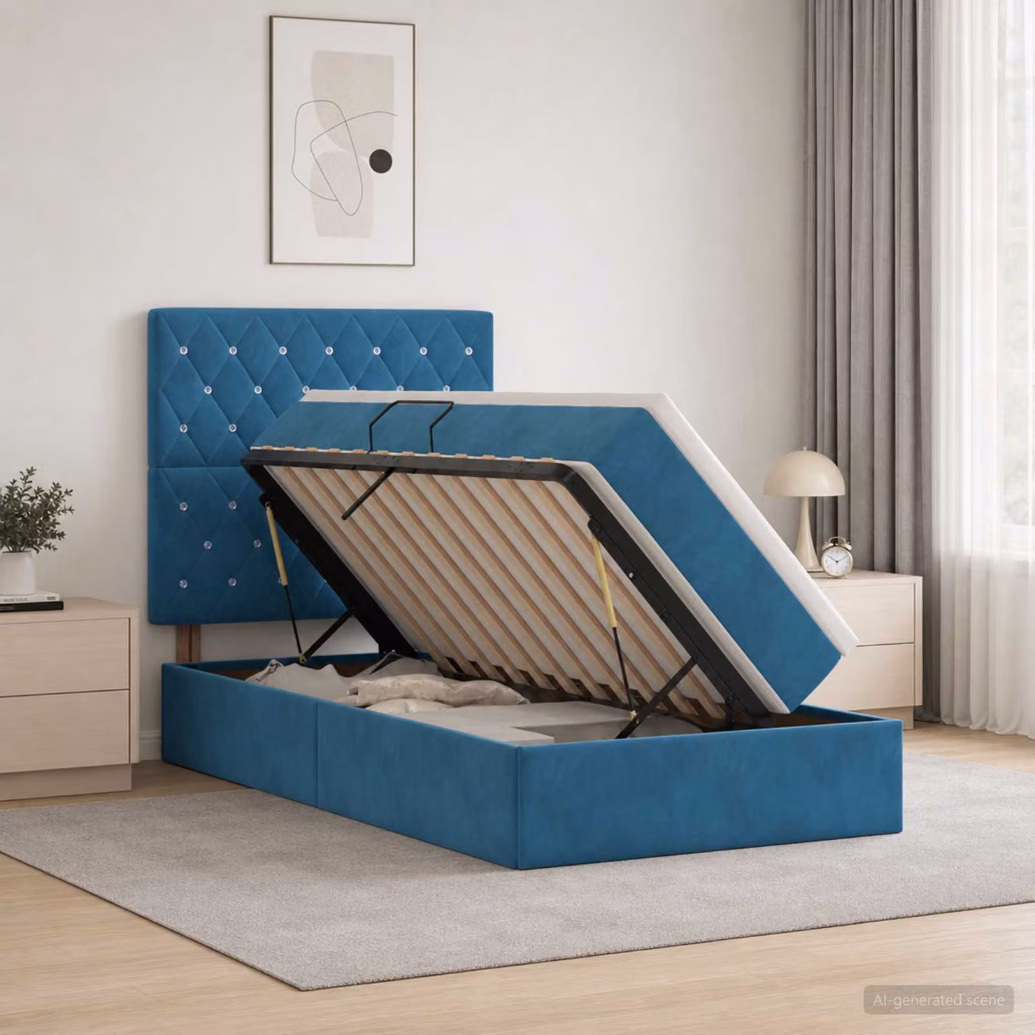 Letto con contenitore e materasso vidaXL in velluto blu con illuminazione LED e porta USB L: 100 cm, P: 200 cm, H: 204 cm