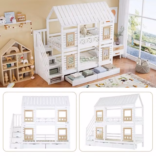 Letto a castello per bambini 90x200 cm; scala contenitore e 2 cassetti; bianco e legno naturale