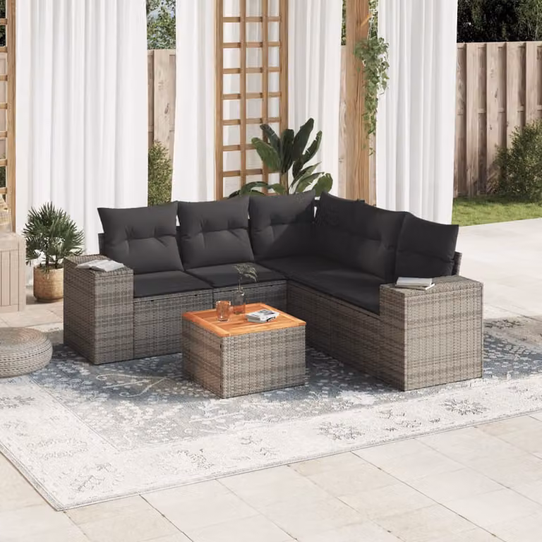 Set Divano da Giardino a L vidaXL in Polyrattan Grigio con 6 Pezzi e Cuscini
