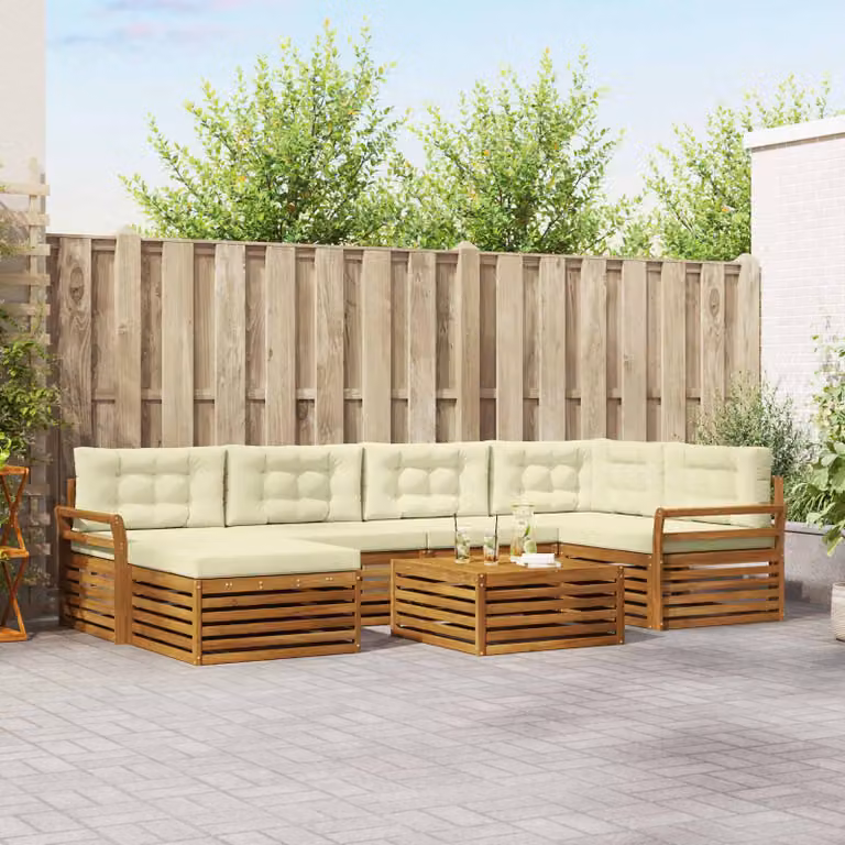vidaXL Set di divani da esterno 7 pz in legno di acacia con cuscini, design moderno a L, colori beige, bianco e marrone