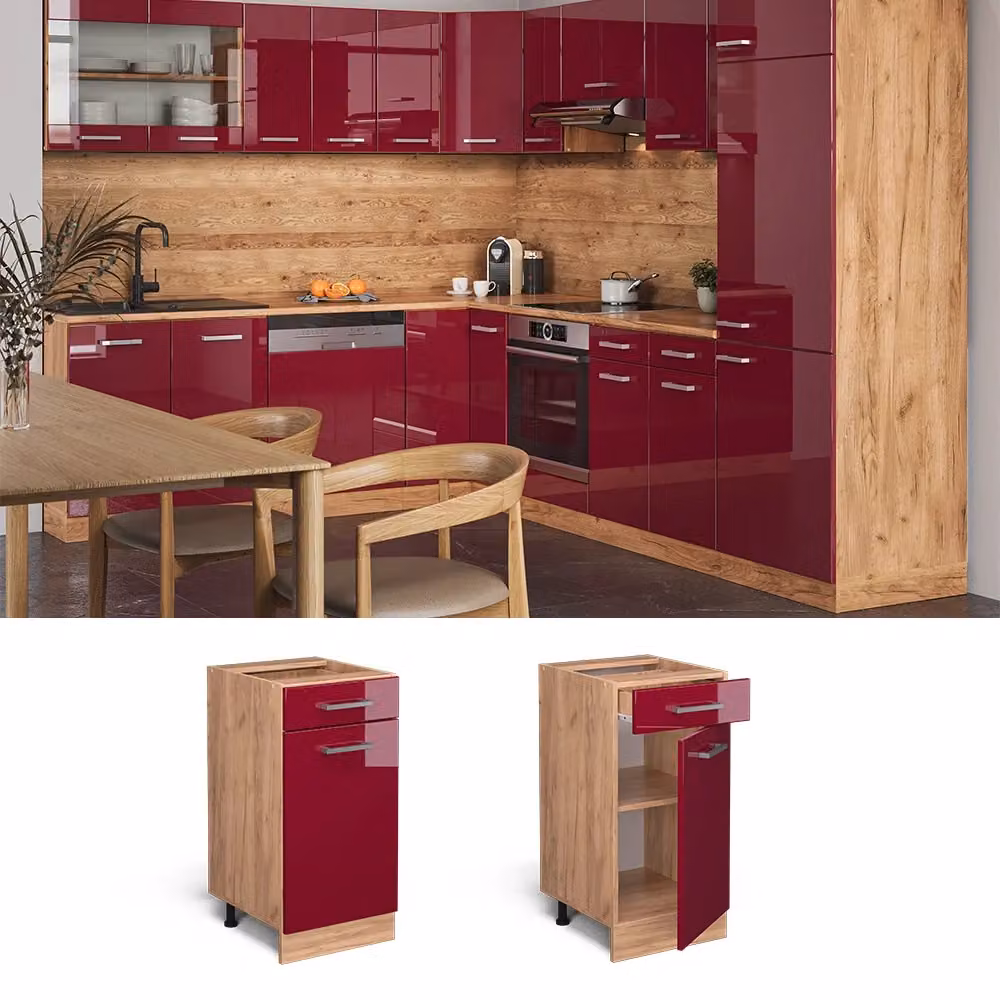 Mobiletto base per cucina Vicco R-Line Rosso lucido e Rovere, L: 40 cm, H: 81,6 cm, P: 60 cm – 2