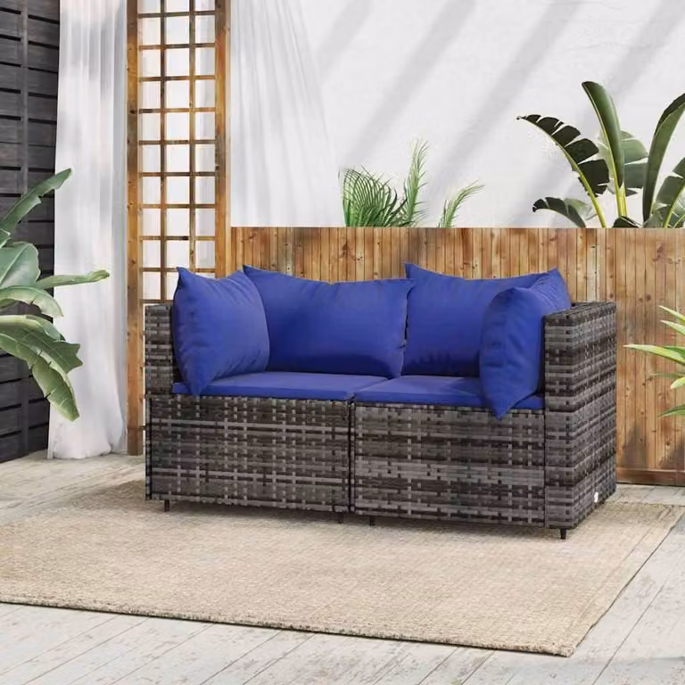 Set di 2 divani da giardino in rattan sintetico grigio, con cuscini
