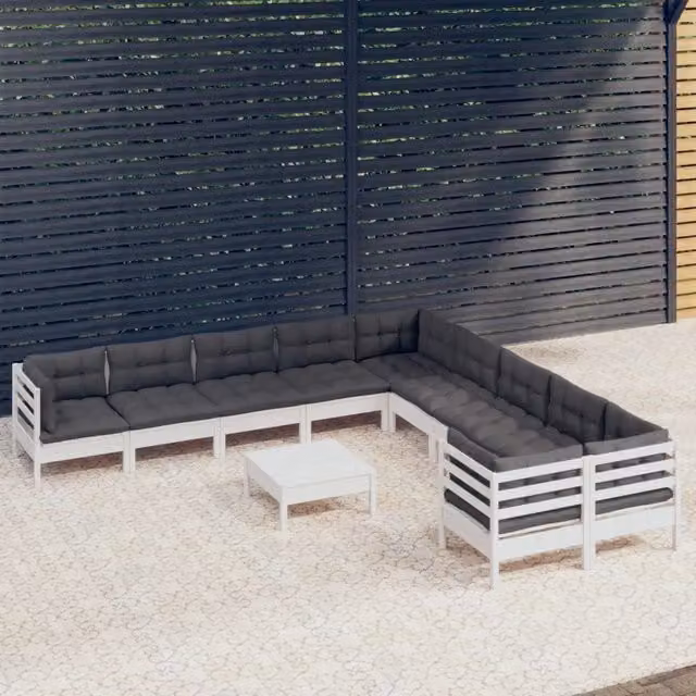Set Divani da Giardino 11 pz con Cuscini Bianchi Legno di Pino 3097014