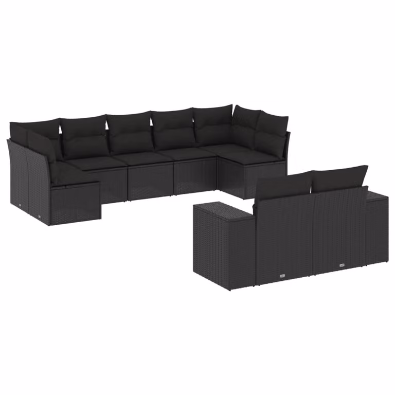 Set Divani da Giardino 9 pz con Cuscini Nero in Polyrattan