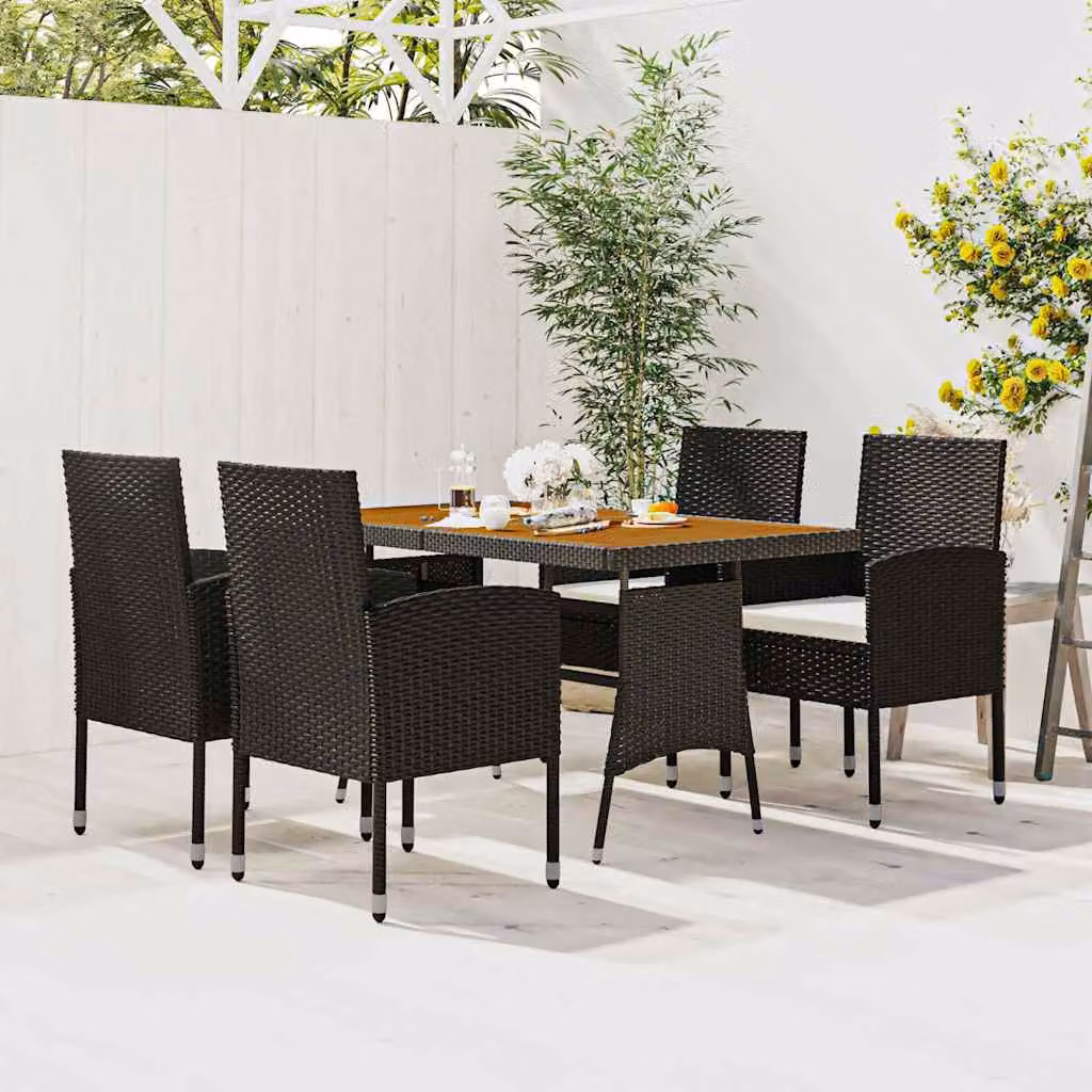 Set da pranzo per esterni vidaXL in 5 pezzi in polyrattan nero con piano in legno di acacia – 1