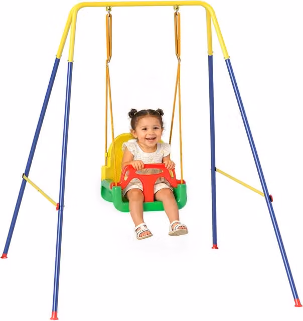 Altalena da Giardino per Bambini Minimal Verde e Multicolore, Pieghevole e Regolabile in Altezza, in Acciaio e Polipropilene, L/P/H: 128 x 155 x 157 cm