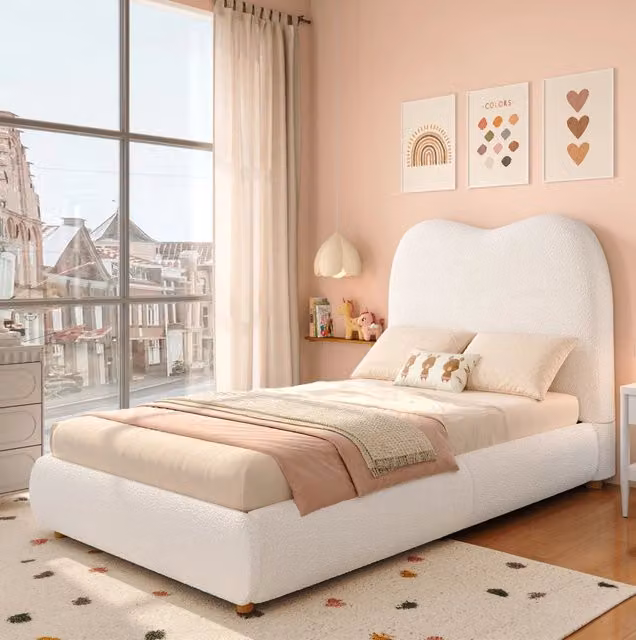 Letto imbottito per bambini 90x200 cm beige in bouclé con vano contenitore e rete