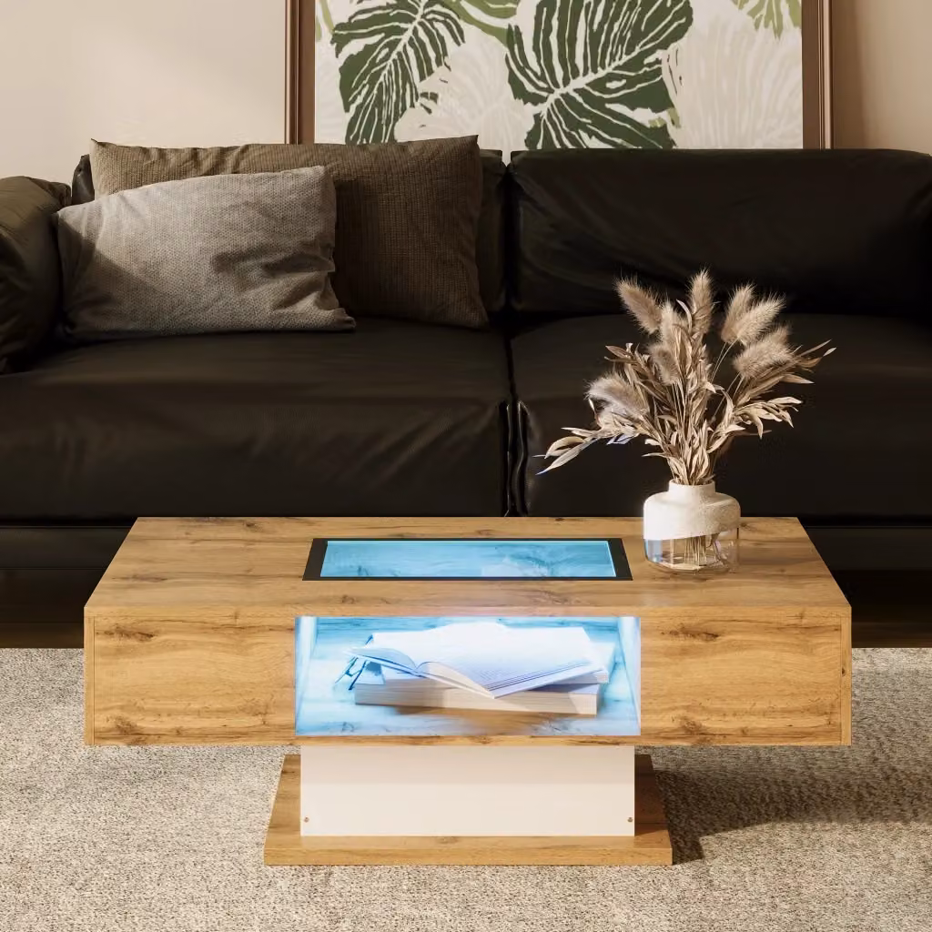 Tavolino basso OKWISH con piano in vetro, LED regolabile tramite app e 2 cassetti in truciolare, L: 110,2 cm, P: 60 cm, H: 39,7 cm – 2