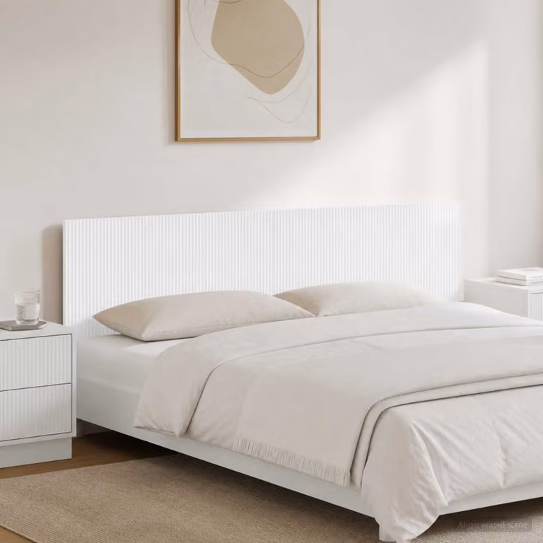 Testiera da muro vidaXL ARNHEM in legno ingegnerizzato bianco lucido con ripiano integrato L 200 x H 50 x P 16,64 cm