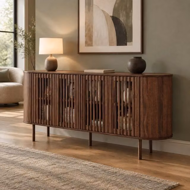 Credenza e madia con 4 ante scorrevoli traforate e ripiani regolabili per soggiorno in MDF noce 160 × 40 × 70 cm