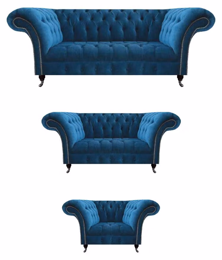 Chesterfield Blaue Polstergarnitur Wohnzimmer Sofagarnitur 3-Sitzer 3tlg