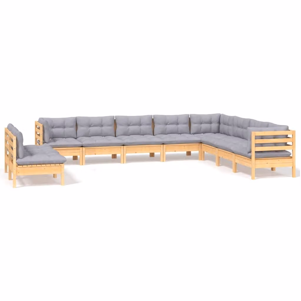 Set Divani da Giardino 10 pz con Cuscini Grigi Massello di Pino