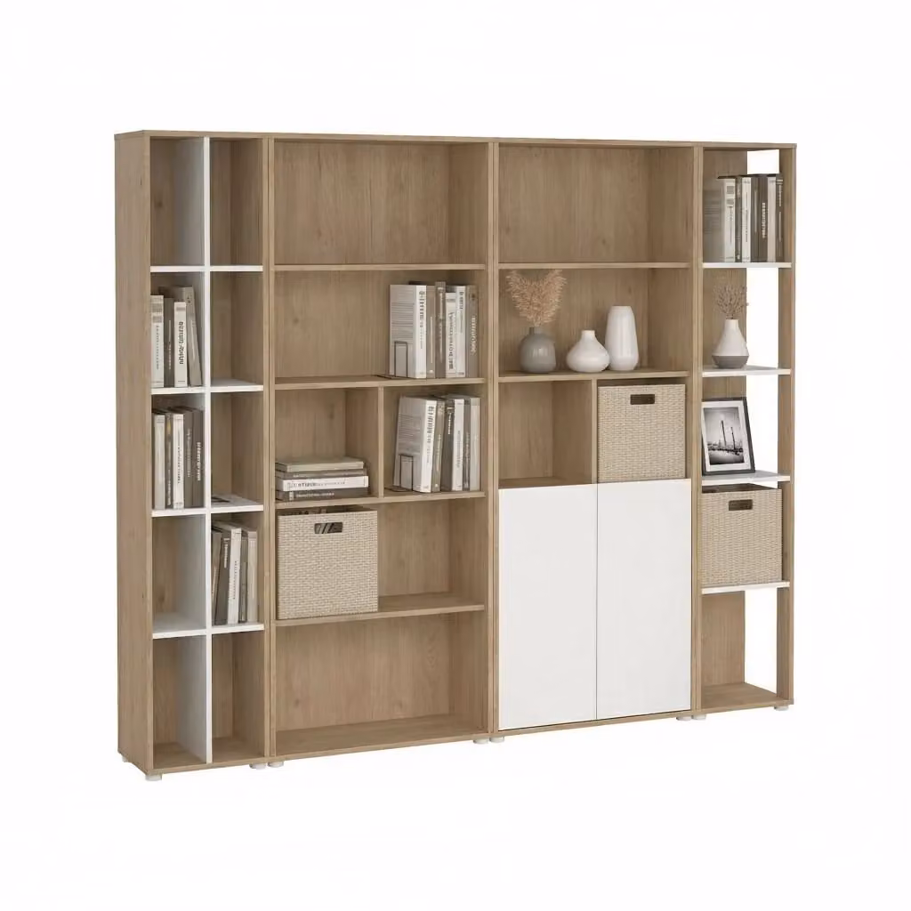 Parete attrezzata Litvjak DMORA per soggiorno con mobile porta TV, Rovere e Bianco, L: 241 cm, H: 205 cm, P: 34 cm – 2