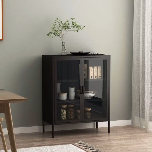 Credenza Fauske en.casa in acciaio con 2 ante in vetro temperato nero L: 101,5 cm, H: 80 cm, P: 40 cm