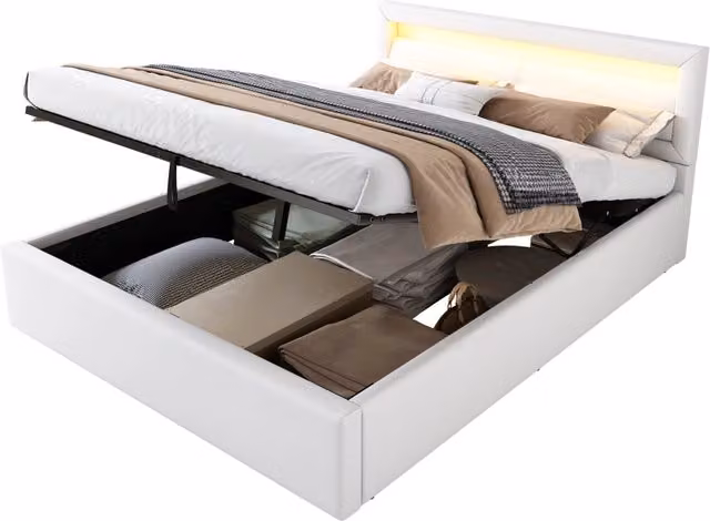 Letto imbottito bianco 140x200 cm con contenitore e testiera LED