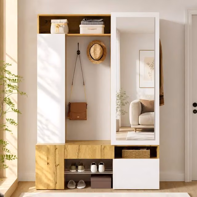 Set di mobili da ingresso MIVRAY con specchio, scarpiera e barra appendiabiti in MDF bianco e naturale, L/P/H: 127 x 35 x 180.5 cm