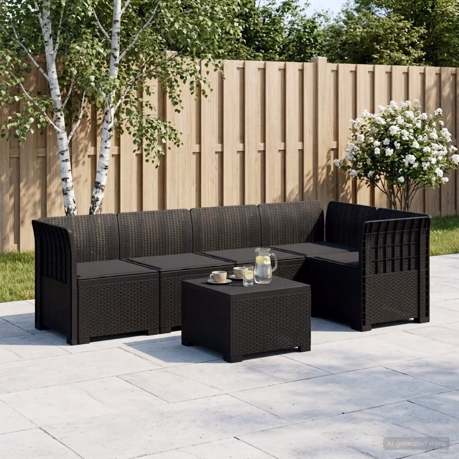 Set da giardino vidaXL a forma di L con divano da 3 posti, elemento angolare, tavolino da caffè e cuscini, in polyrattan antracite e nero