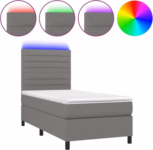 Letto singolo | Letto per adulti | Letto a Molle Materasso e LED Grigio Scuro 90x190 cm in Tessuto