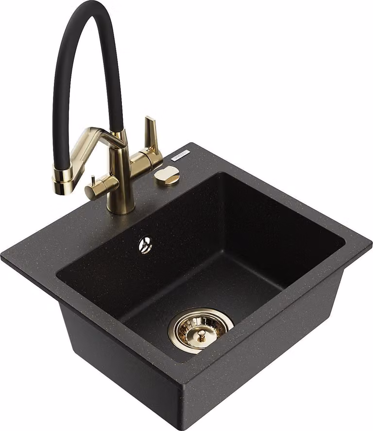 Mexen Milo lavello cucina in granito 1-vasca con miscelatore Duo, nero/oro metallico - 6505-75-671701-57-G