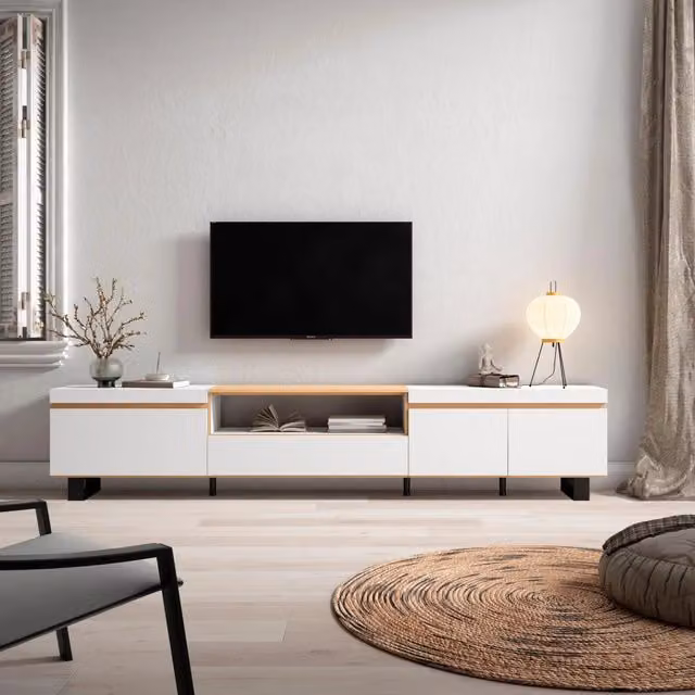 Mobile TV Soggiorno, 288x57x35 cm, TV di grande formato, Design industriale, Bianco e Rovere soft