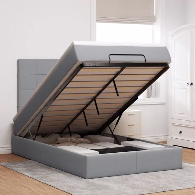 Letto con contenitore a sollevamento vidaXL in tessuto grigio e bianco con materasso L 120 x P 200 cm – 1