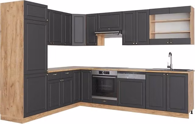 Cucina angolare completa Vicco Fame-Line Oro-antracite e Rovere dorato, L: 287 cm, P: 227 cm, senza piano di lavoro