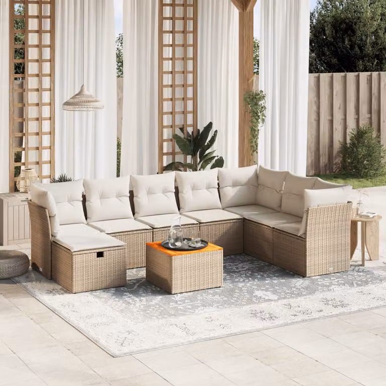 Set Divano da Giardino vidaXL 9 pz con Cuscini Beige e Tavolino, Design Moderno a L con Struttura in Acciaio e Polyrattan