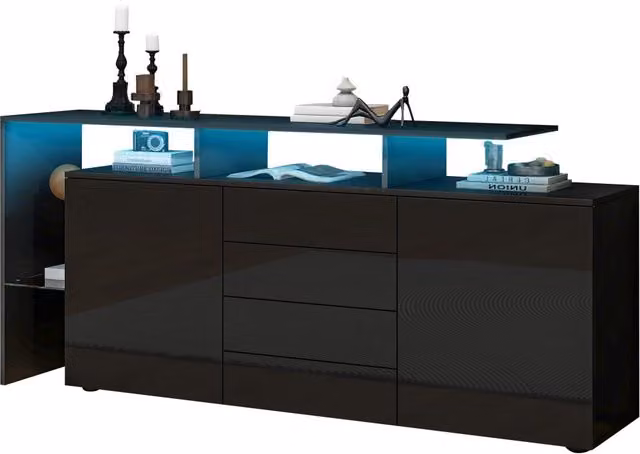 Credenza moderna nera con 2 ante, 4 cassetti, 2 vani a giorno con illuminazione LED e controllo tramite App, L: 160 cm, P: 35 cm, H: 70 cm – 1