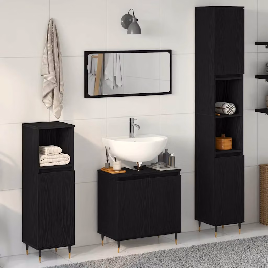 Set di mobili per il bagno vidaXL in 3 pezzi, stile mid-century, colore nero, composto da mobile lavabo, mobile alto e mobile laterale, H: 190 cm, L: 30 cm, P: 30 cm