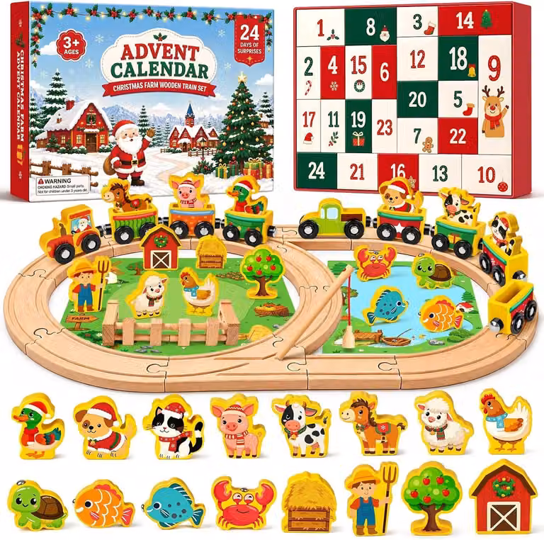 Calendario dell'Avvento 2026 per bambini, calendario con giocattoli, 24 giorni, trenino magnetico in legno, fattoria e animali