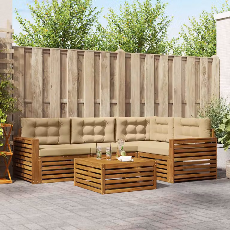 Set di divani da esterno vidaXL a forma di L in legno di acacia con tavolo da caffè, 5 pezzi, Beige e Marrone