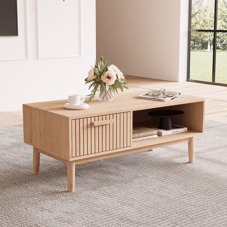 Tavolino in rattan Fortuna Lai - colori del legno naturale, tavolino scandinavo in rattan per il soggiorno, L100 x L50 x H43cm
