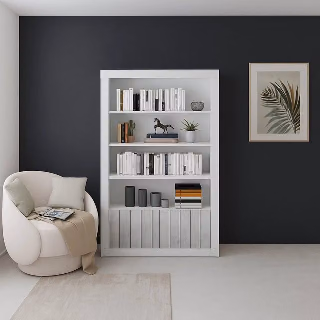 Libreria Spinoso DMORA con 3 ripiani, design moderno in legno, Bianco e Grigio, L: 105 cm, P: 42 cm, H: 191 cm