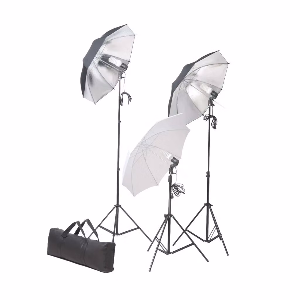 Kit per Studio Fotografico Professionale vidaXL con Luci Regolabili e Fondali in Tessuto Bianco, Argento e Nero – 2