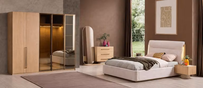 Set moderno per camera da letto, completo di letto, armadio e comodino, dal design elegante
