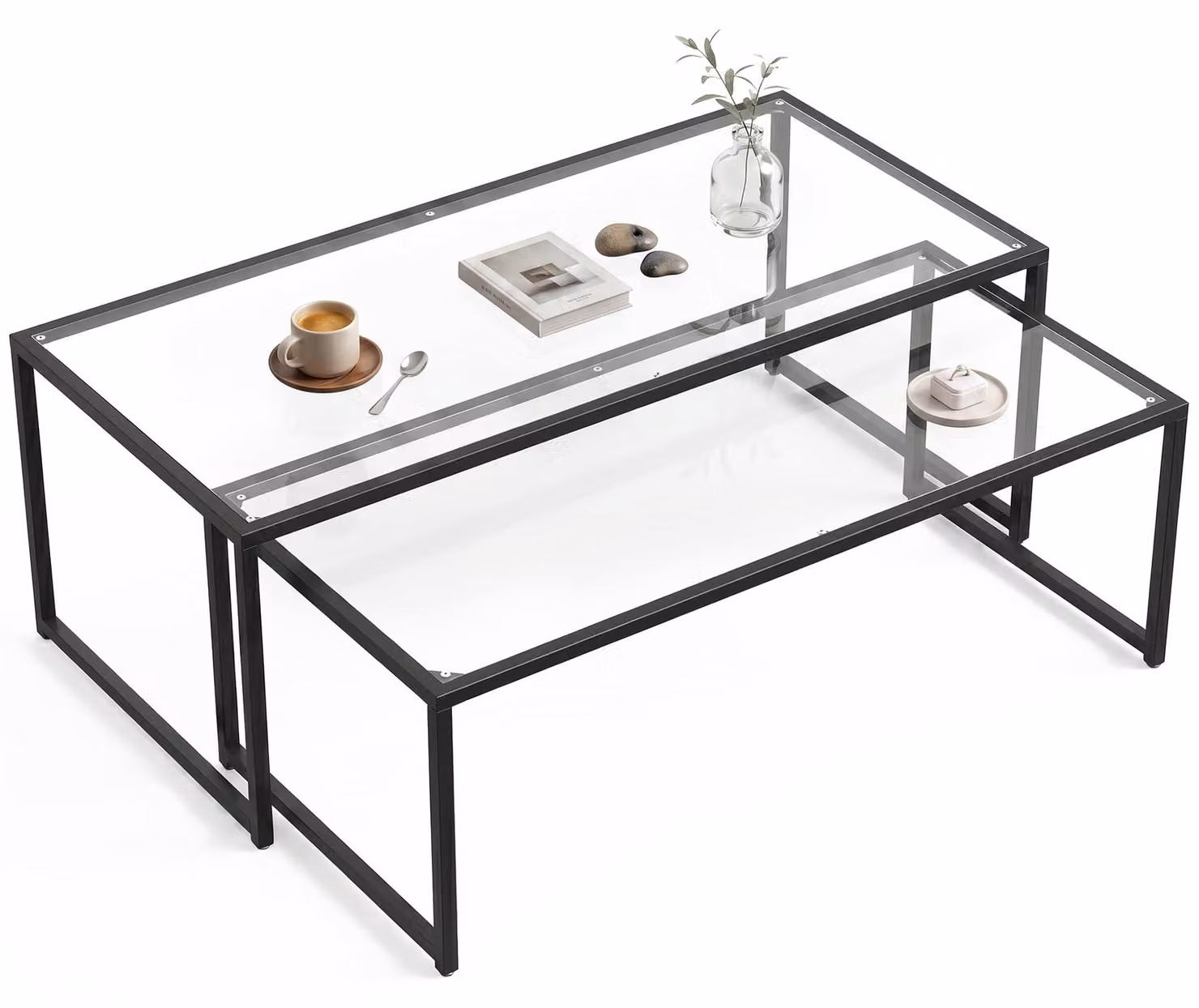 HOMCOM Set da 2 tavolini da salotto, tavolini da caffè, tavolini componibili, acciaio, nero