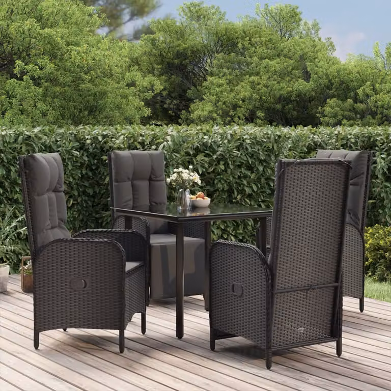 Set da pranzo da giardino vidaXL in polyrattan nero con cuscini e tavolo in vetro, 5 pezzi