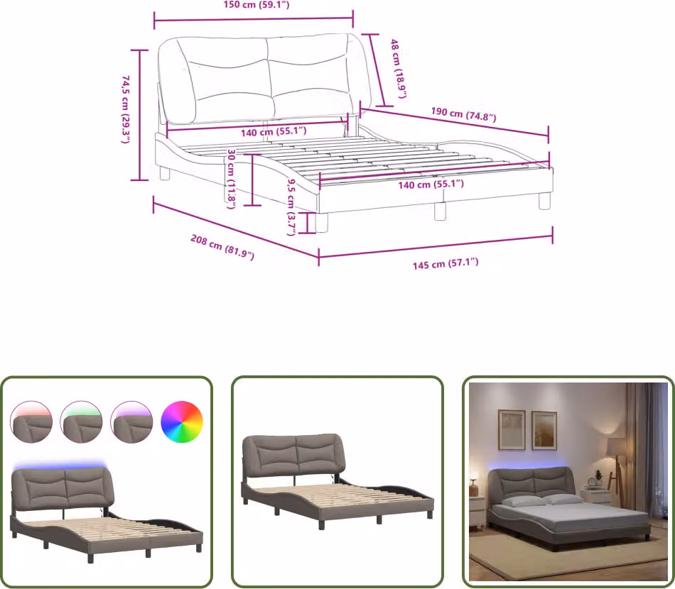 The Living Store Struttura letto con tessuto LED Taupe 140x190 cm