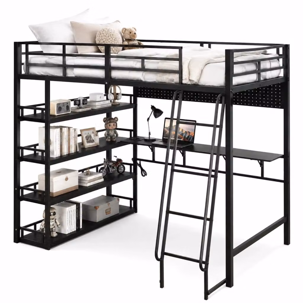 Letto a castello Beaok in metallo nero con ripiani, porta di ricarica USB e scala inclinata, L/P/H: 200 x 140 x 172 cm – 2