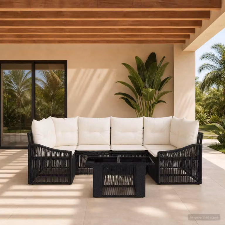 Set Divano da Giardino vidaXL 7 pz a forma a U in Polyrattan con Tavolino e Cuscini, Nero e Bianco