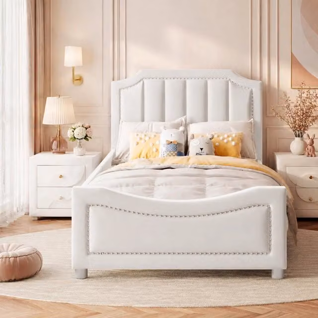 Letto imbottito per bambini MODFU in flanella beige e bianco con rete a doghe L: 211 cm, P: 94,5 cm, H: 41,5 cm