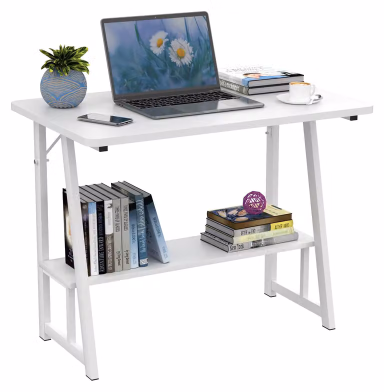 Piccolo tavolo da computer con ripiano - Scrivania per l'ufficio domestico - Struttura in metallo - Assemblaggio fai-da-te richiesto - Stile moderno - 80 x 50 x 73 cm - Bianco