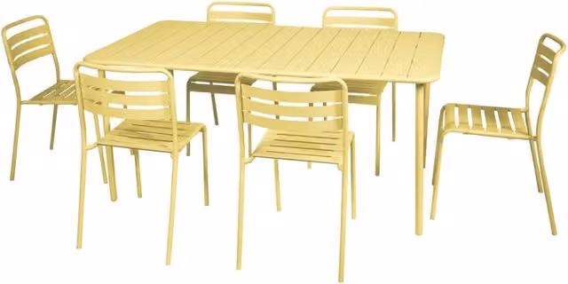Set tavolo da giardino in acciaio con 6 sedie, 160cm, giallo
