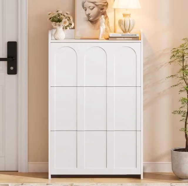 Scarpiera salvaspazio MODFU bianca in MDF con vani a ribalta L: 70 cm, P: 25 cm, H: 120 cm
