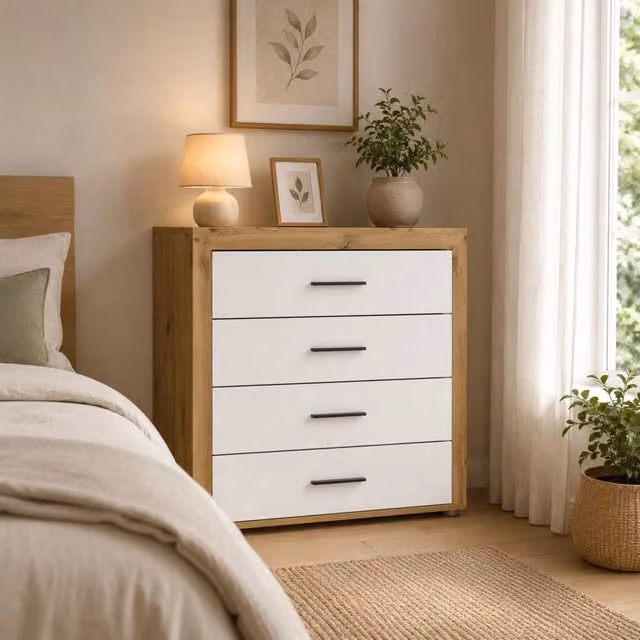 Lematare, Cassettiera 4 Cassetti, 95x42x88h cm Marrone Rovere