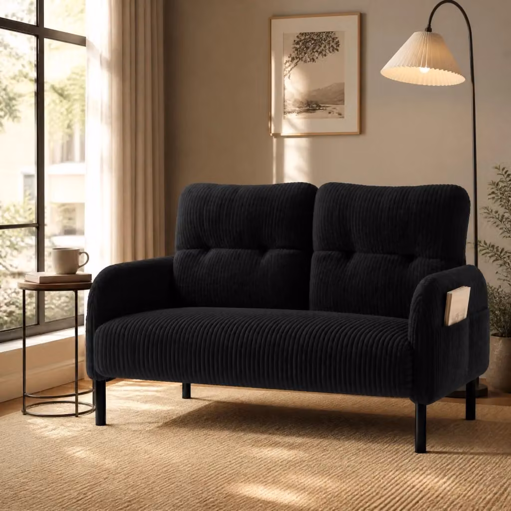 Divano a 2 posti MODFU in tessuto corduroy nero con gambe in metallo L: 120 cm, P: 75 cm, H: 79 cm – 2