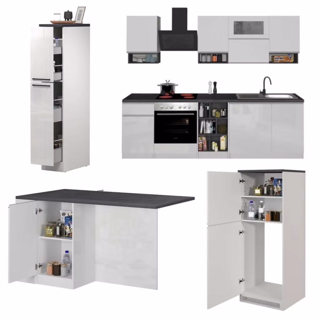 Cucinino Modulabile DMORA Bianco e Grigio Lucido L: 255 cm, P: 60 cm, H: 85 cm – 2